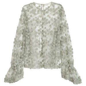 Lace blouse w/ embroidered flowers in dusky green